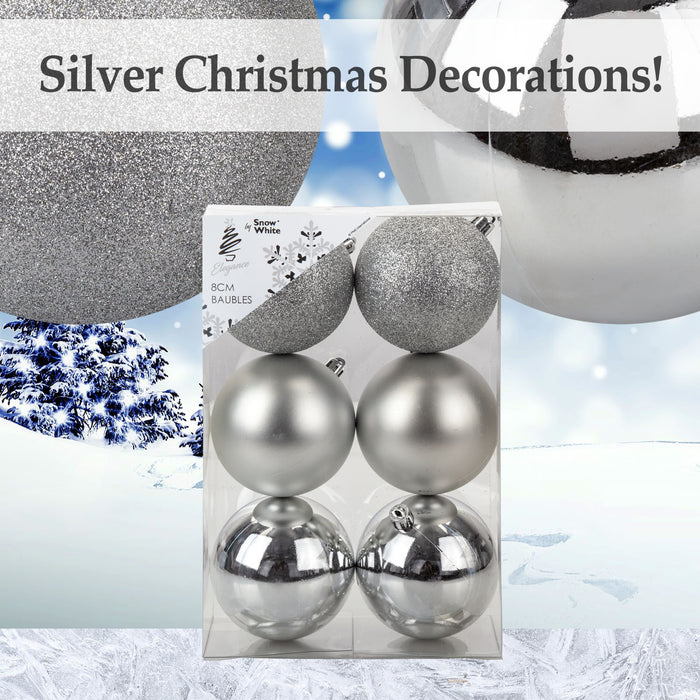 Silver Christmas Baubles - Pack of 6- 8cm