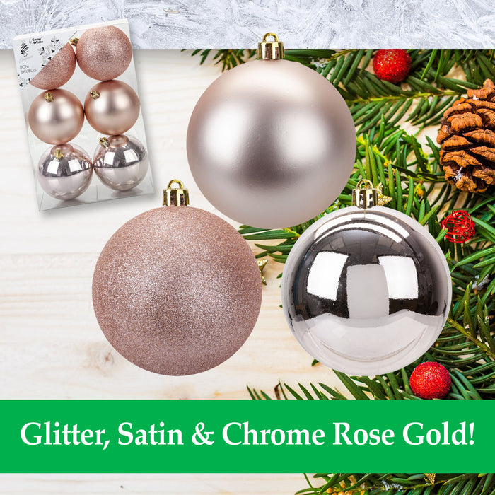 Rose Gold Christmas Baubles - Pack of 6- 8cm