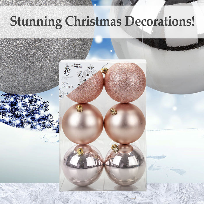 Rose Gold Christmas Baubles - Pack of 6- 8cm