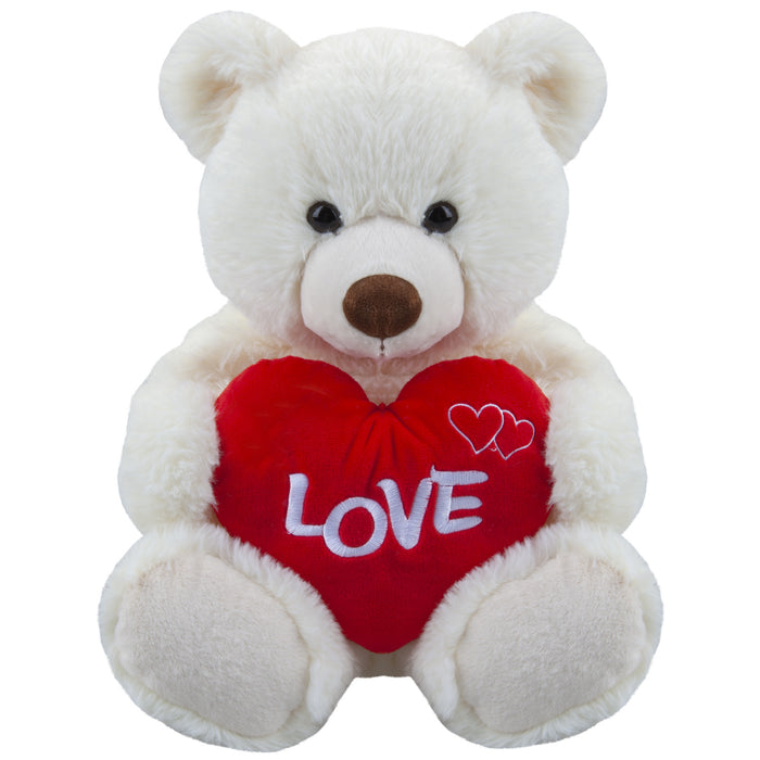 Bear Soft Toy Cream 34cm Sitting Bear Plush With Red Love Heart Cuddly Toy