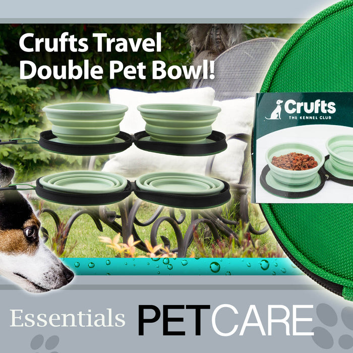 Crufts - Double Travel Pet Bowl In Zip Case Green Collapsible Dish