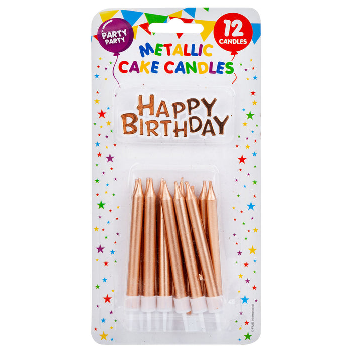 12 Metallic Rose Gold Birthday Cake Candles and Topper Set
