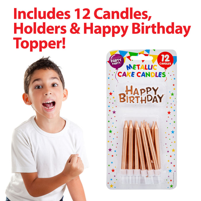 12 Metallic Rose Gold Birthday Cake Candles and Topper Set, Party Supplies 75mm