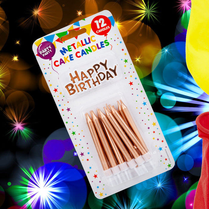 12 Metallic Rose Gold Birthday Cake Candles and Topper Set, Party Supplies 75mm