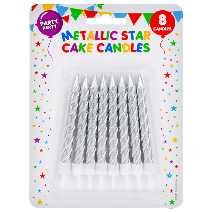 8 Metallic Silver Birthday Cake Candles, Party Supplies (75mm)