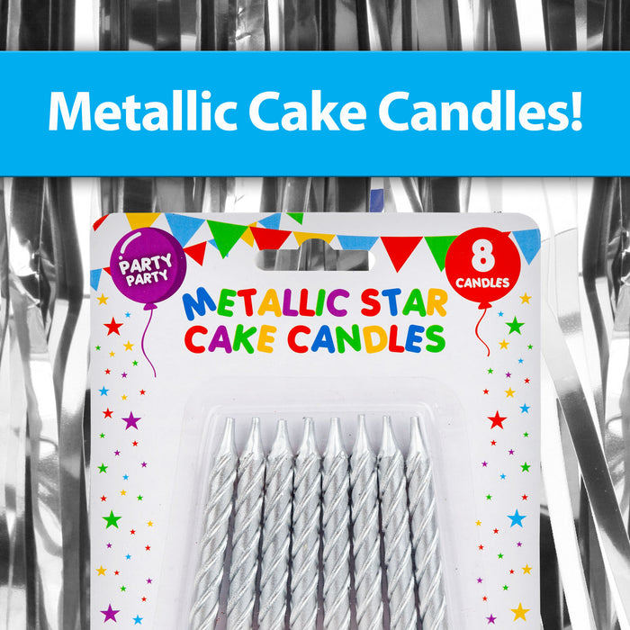 8 Metallic Silver Birthday Cake Candles, Party Supplies (75mm)