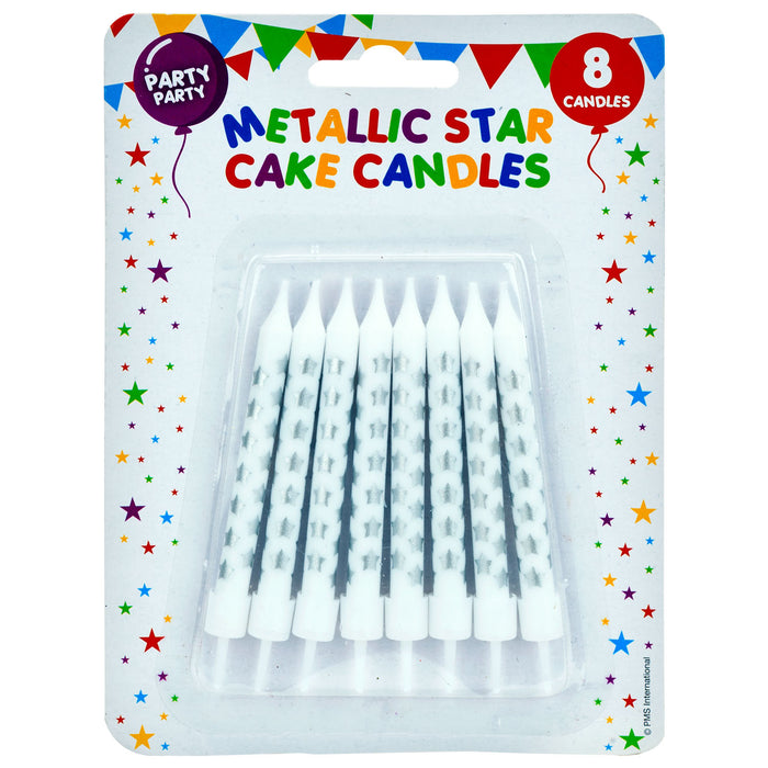 8 Metallic Silver Birthday Cake Candles with Stars, Party Supplies (75mm)