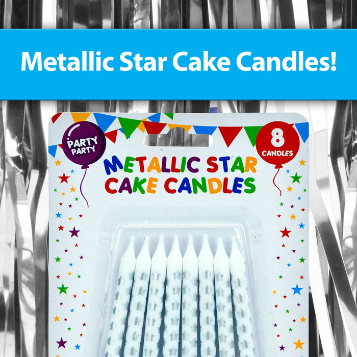 8 Metallic Silver Birthday Cake Candles with Stars, Party Supplies (75mm)