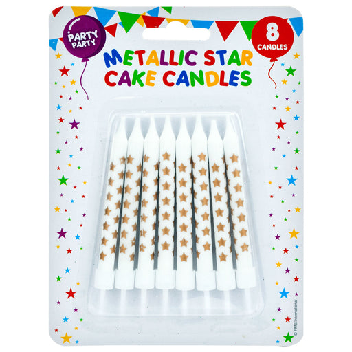 8 Metallic Gold Birthday Cake Candles with Stars, Party Supplies (75mm)