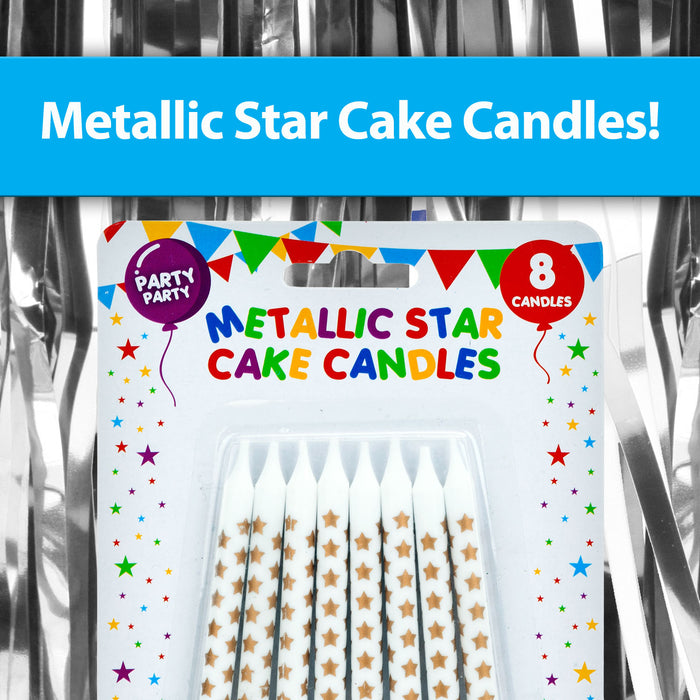 8 Metallic Gold Birthday Cake Candles with Stars, Party Supplies (75mm)