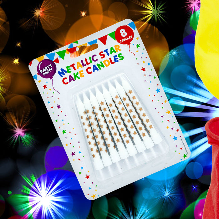 8 Metallic Gold Birthday Cake Candles with Stars, Party Supplies (75mm)