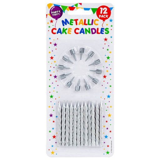 12 Metallic Silver Birthday Cake Candles, Party Supplies (60mm)