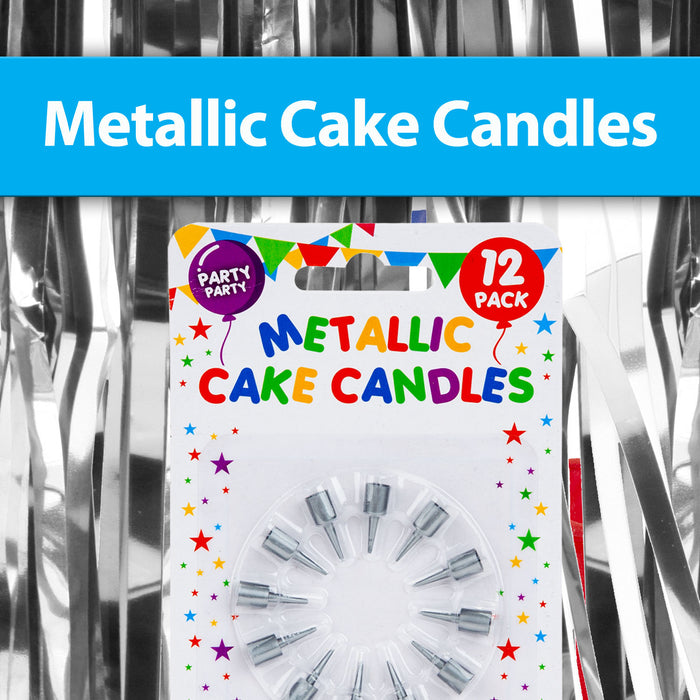 12 Metallic Silver Birthday Cake Candles, Party Supplies (60mm)