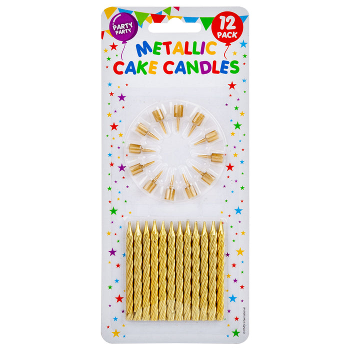 12 Metallic Gold Birthday Cake Candles, Party Supplies (60mm)