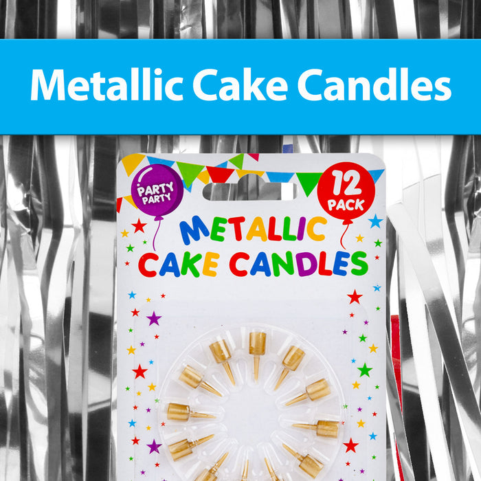 12 Metallic Gold Birthday Cake Candles, Party Supplies (60mm)