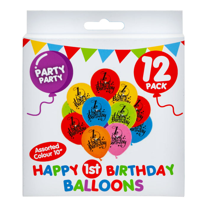 Printed 1 Happy Birthday Balloons Multicoloured Party Decorations (12 Pack)