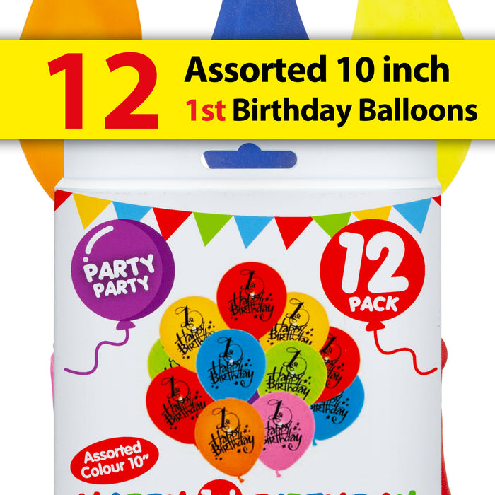 Printed 1 Happy Birthday Balloons Multicoloured Party Decorations (12 Pack)