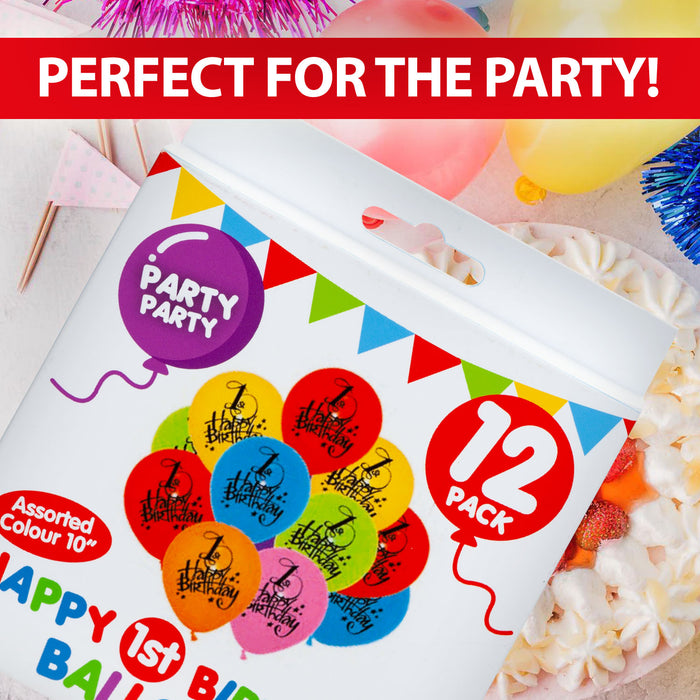 Printed 1 Happy Birthday Balloons Multicoloured Party Decorations (12 Pack)