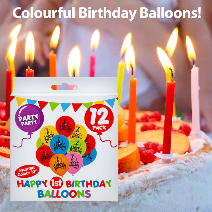 Printed 1 Happy Birthday Balloons Multicoloured Party Decorations (12 Pack)