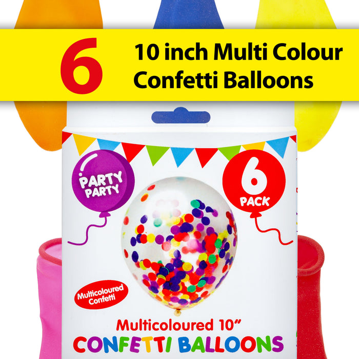 Multicoloured Confetti 10" Balloons Transparent Filled Party Decorations 6 Pack