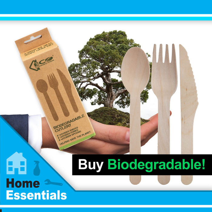 Biodegradable Wood Cutlery Set Sustainable Birchwood - Eco Connection (24 Pack)