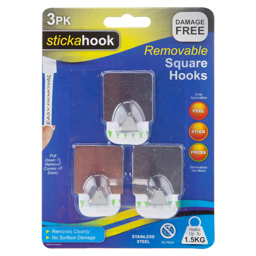 Removable Silver Square Hooks, (Pack of 3) Hanging Solutions