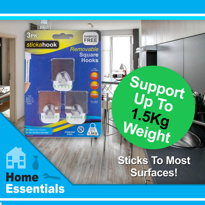 Removable Silver Square Hooks, (Pack of 3) Hanging Solutions