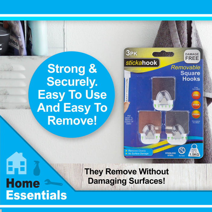 Removable Silver Square Hooks, (Pack of 3) Hanging Solutions