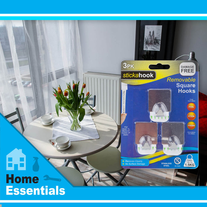 Removable Silver Square Hooks, (Pack of 3) Hanging Solutions