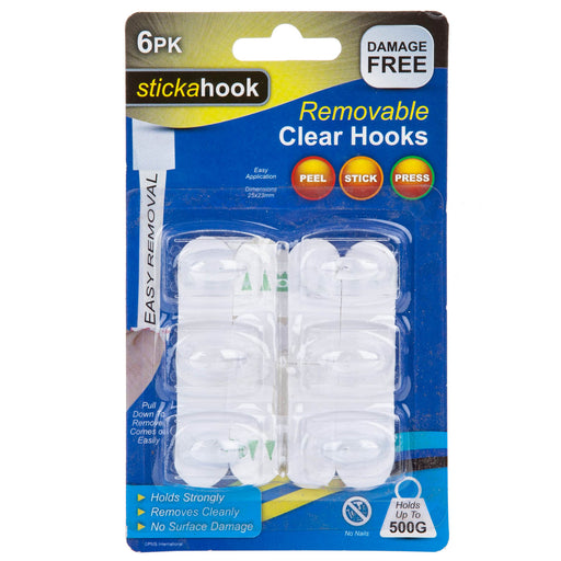 Removable Large Clear Hooks, Pack of 6, Hanging Solutions