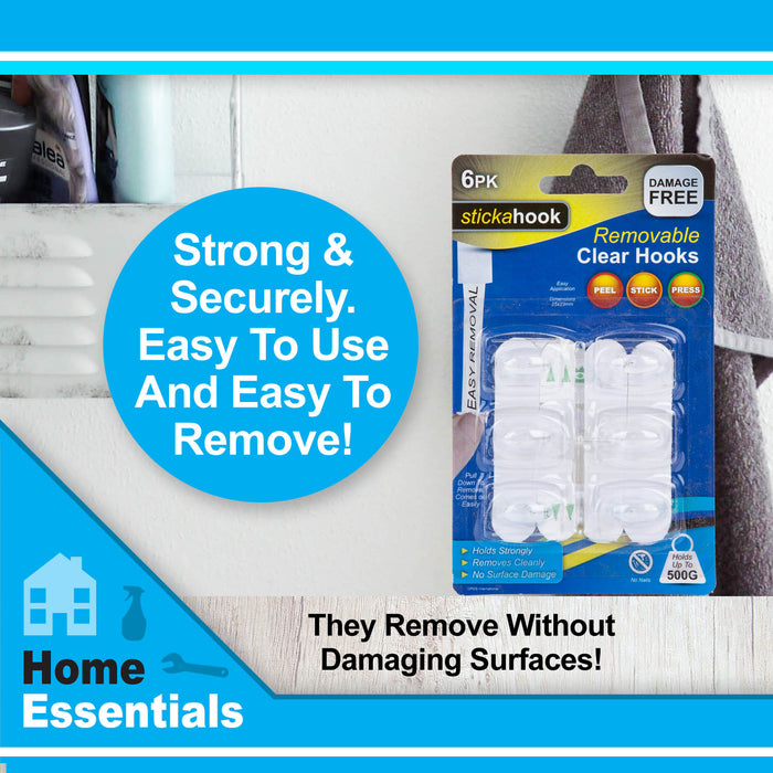 Removable Large Clear Hooks, Pack of 6, Hanging Solutions 2. 7cm x 1. 2cm