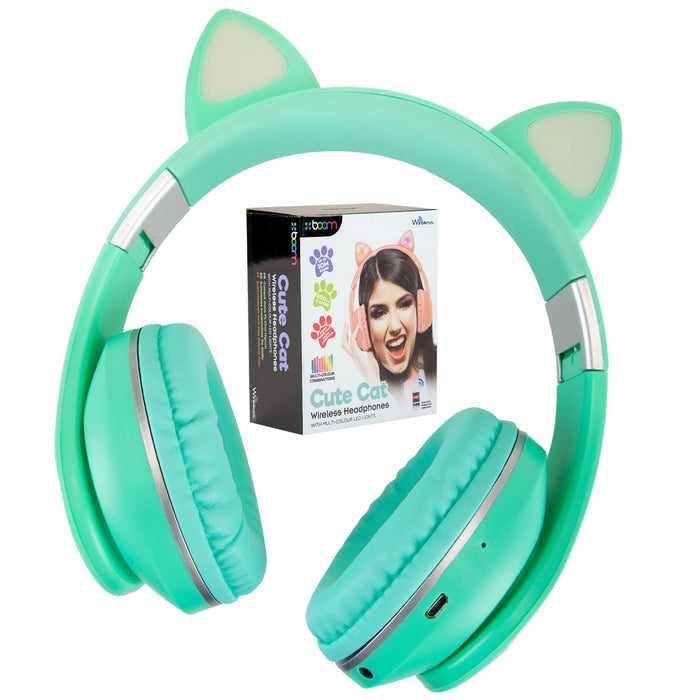 Green Cat Wireless Headphones Cute Pastel Ears, Padded & Foldable