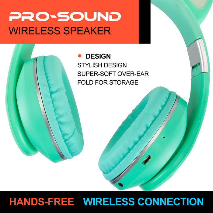 Green Cat Wireless Headphones Cute Pastel Ears, Padded & Foldable - Boom