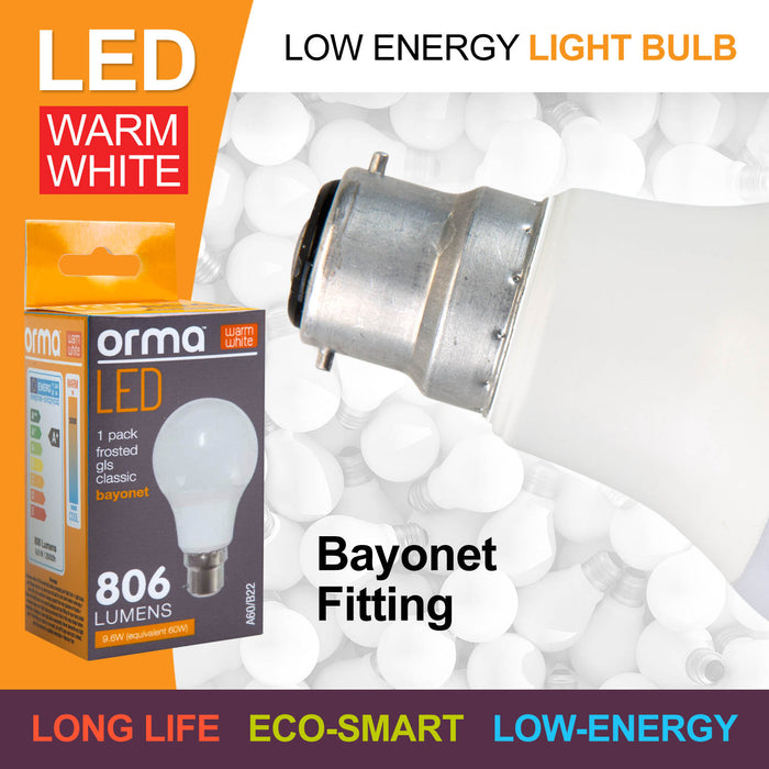 Warm White 9.6W Bayonet Classic LED Frosted B22 Light Bulb - Orma