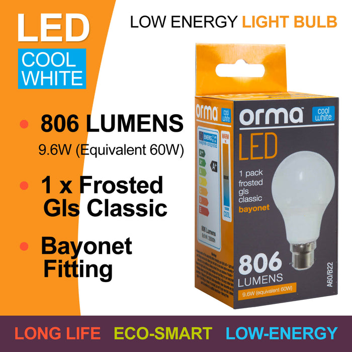 Cool White 9.6W Bayonet Classic LED Frosted B22 Light Bulb - Orma