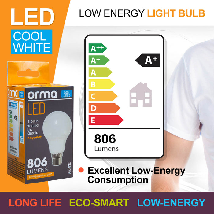 Cool White 9.6W Bayonet Classic LED Frosted B22 Light Bulb - Orma