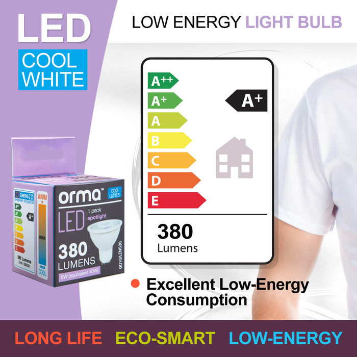 Cool White Spotlight Bulb 5W LED GU10 380 Lumen Light - Orma