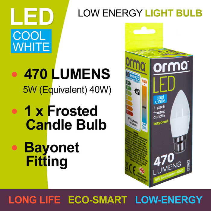 Cool White Candle 5W Bayonet Base Classic LED Frosted Light Bulb - Orma