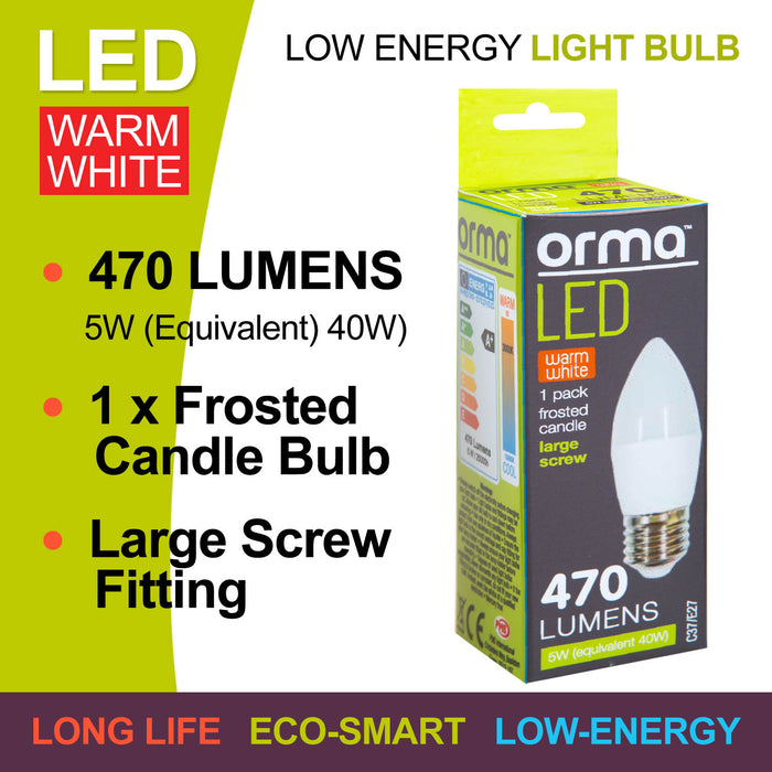 Warm White Candle 5W Screw Base Large LED Frosted E27 Light Bulb - Orma