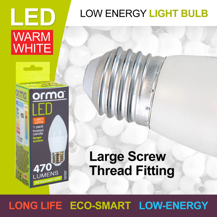 Warm White Candle 5W Screw Base Large LED Frosted E27 Light Bulb - Orma