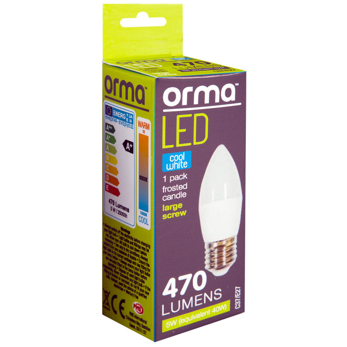 Cool White Candle 5W Screw Base Large LED Frosted E27 Light Bulb