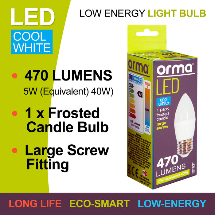 Cool White Candle 5W Screw Base Large LED Frosted E27 Light Bulb