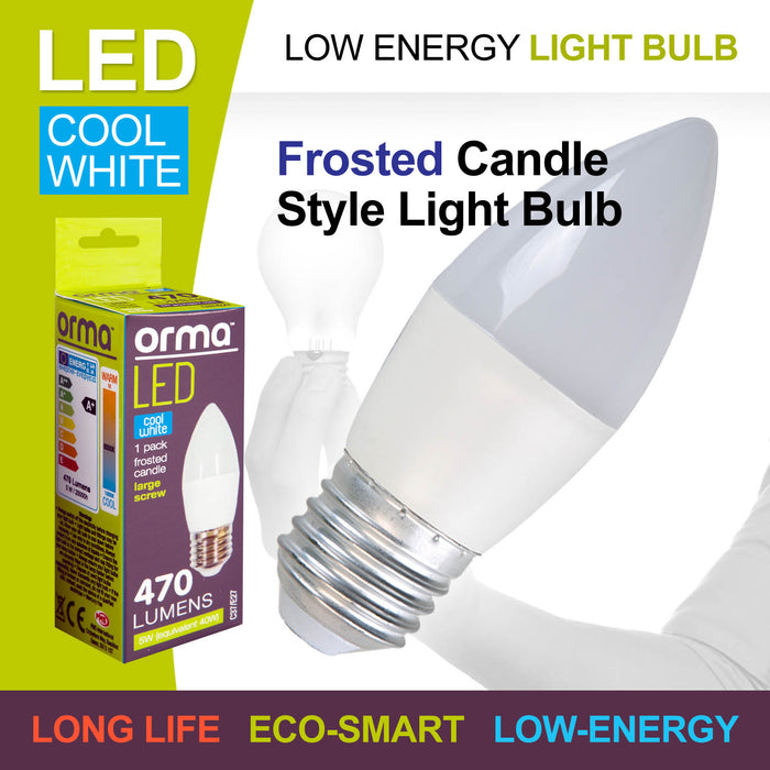 Cool White Candle 5W Screw Base Large LED Frosted E27 Light Bulb - Orma