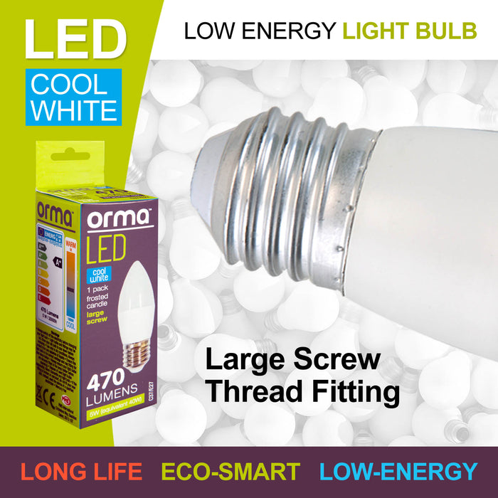 Cool White Candle 5W Screw Base Large LED Frosted E27 Light Bulb - Orma