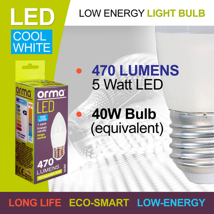 Cool White Candle 5W Screw Base Large LED Frosted E27 Light Bulb - Orma