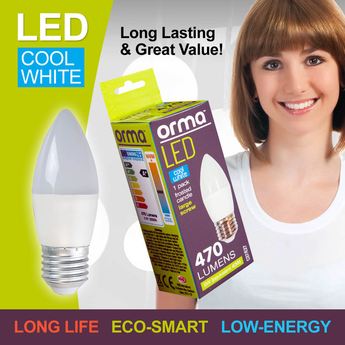 Cool White Candle 5W Screw Base Large LED Frosted E27 Light Bulb - Orma