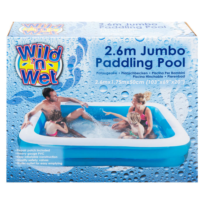 2.6m Jumbo Inflatable Rectangular Family Paddling Pool With Repair Kit -