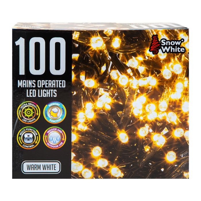 Multi Function 100 LED Lights (Mains Operated) in Warm White, Christmas Lights