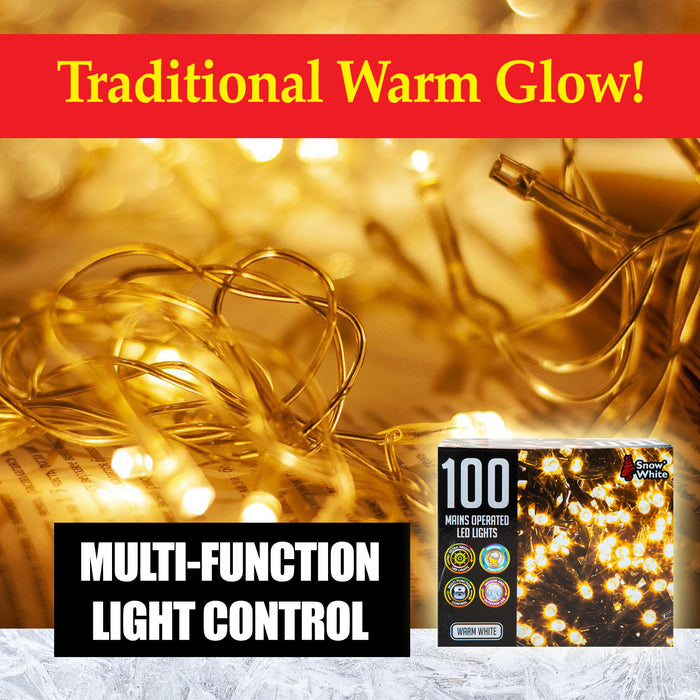 Multi Function 100 LED Lights (Mains Operated) in Warm White, Christmas Lights