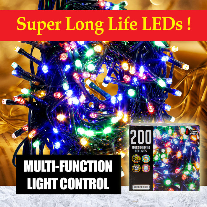 Multi Function 200 LED Lights (Mains Operated) in Multicolour, Christmas Lights